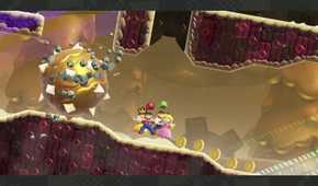 Screenshot of Mario, Luigi, Princess, and Daisy escaping spiked bolder Mario Wonder