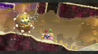 Screenshot of Mario, Luigi, Princess, and Daisy escaping spiked bolder Mario Wonder