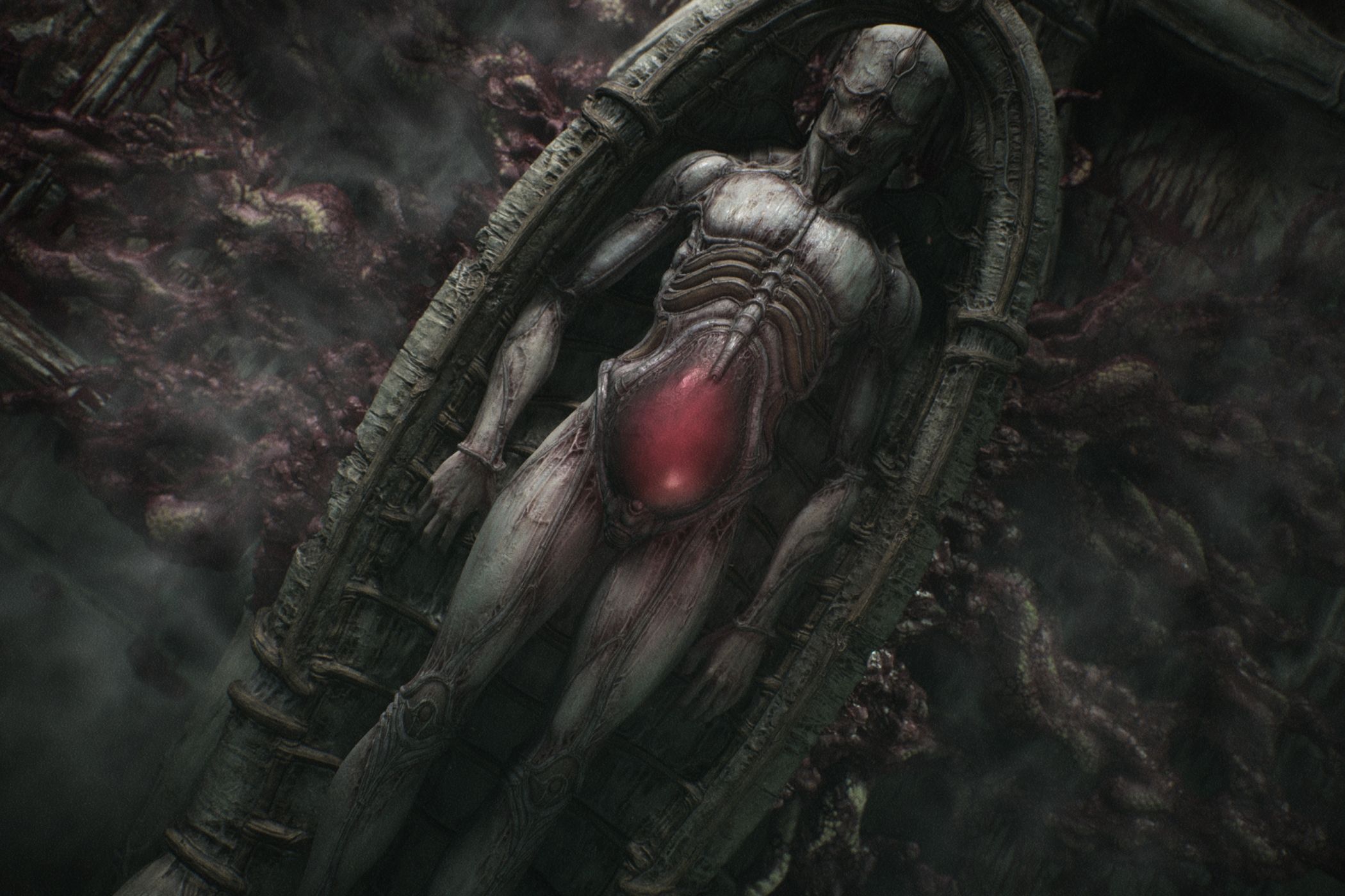 A screenshot from the game Scorn, showing a biomechanical body laying in a round coffin