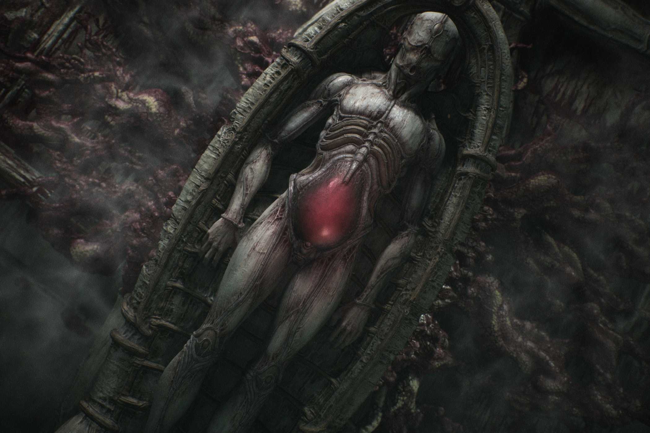 A screenshot from the game Scorn, showing a biomechanical body laying in a round coffin
