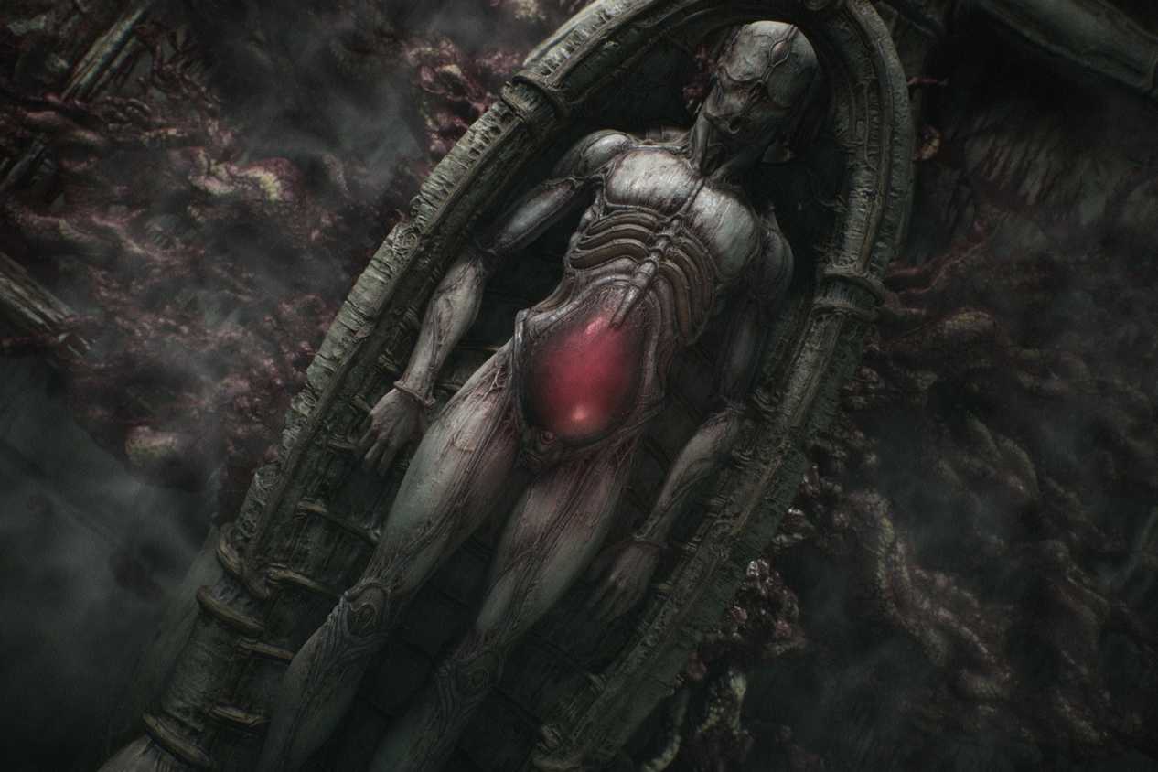 A screenshot from the game Scorn, showing a biomechanical body laying in a round coffin