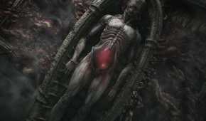 A screenshot from the game Scorn, showing a biomechanical body laying in a round coffin