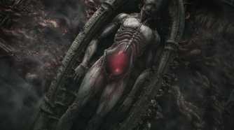 A screenshot from the game Scorn, showing a biomechanical body laying in a round coffin