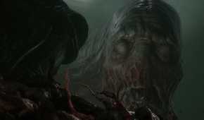 A screenshot from the game Scorn, showing a grotesque, huge biomechanical face looming in the darkness with its eyes closed.