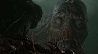 A screenshot from the game Scorn, showing a grotesque, huge biomechanical face looming in the darkness with its eyes closed.