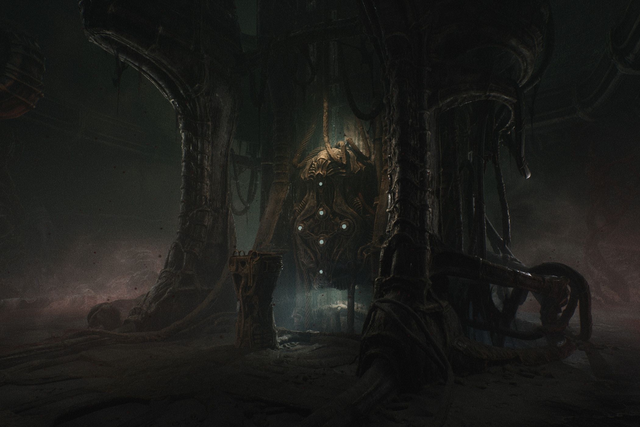 A screenshot from the game Scorn, showing a dark, biomechanical environment with a glowing pod in the center of it.