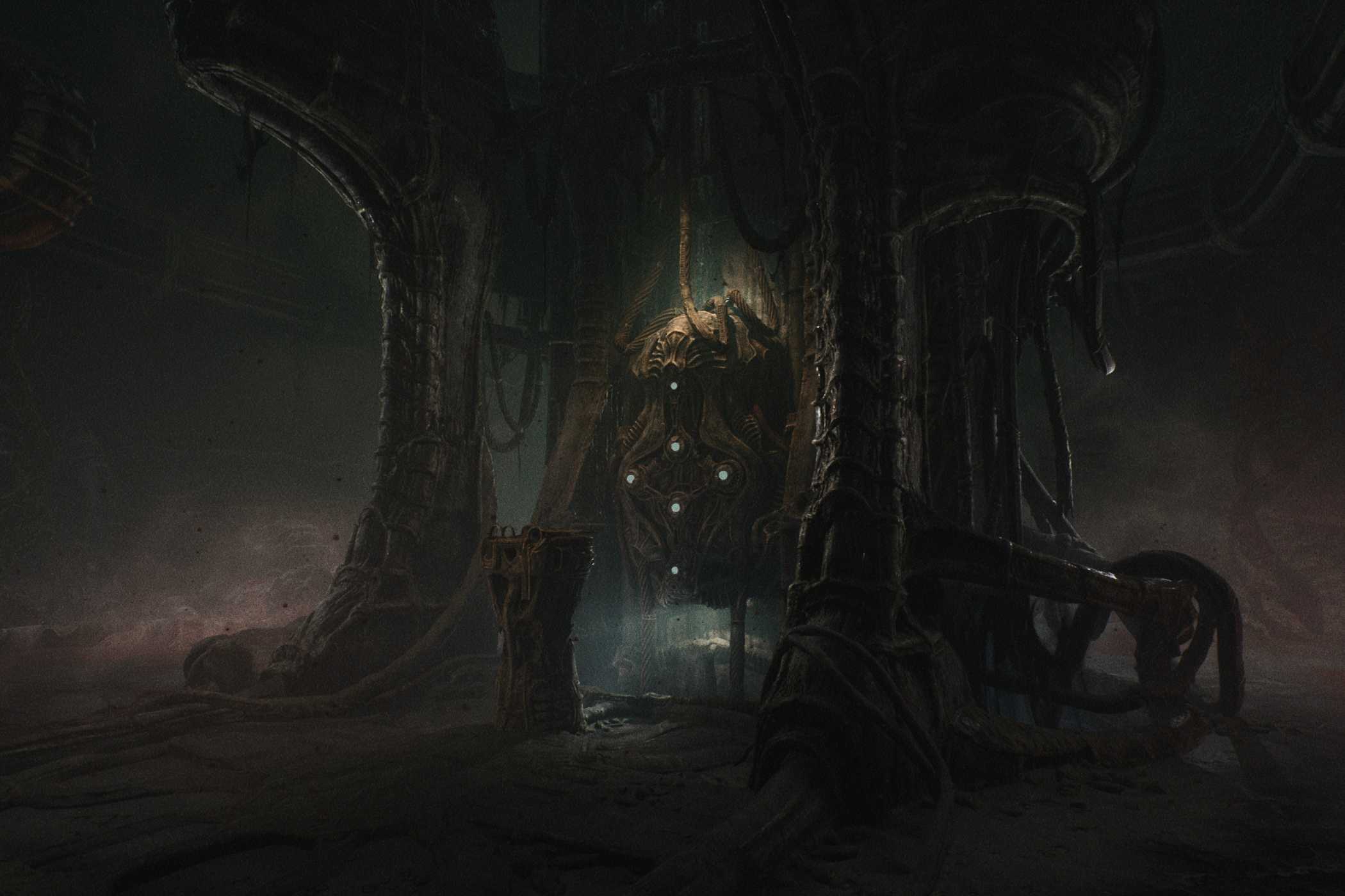 A screenshot from the game Scorn, showing a dark, biomechanical environment with a glowing pod in the center of it.