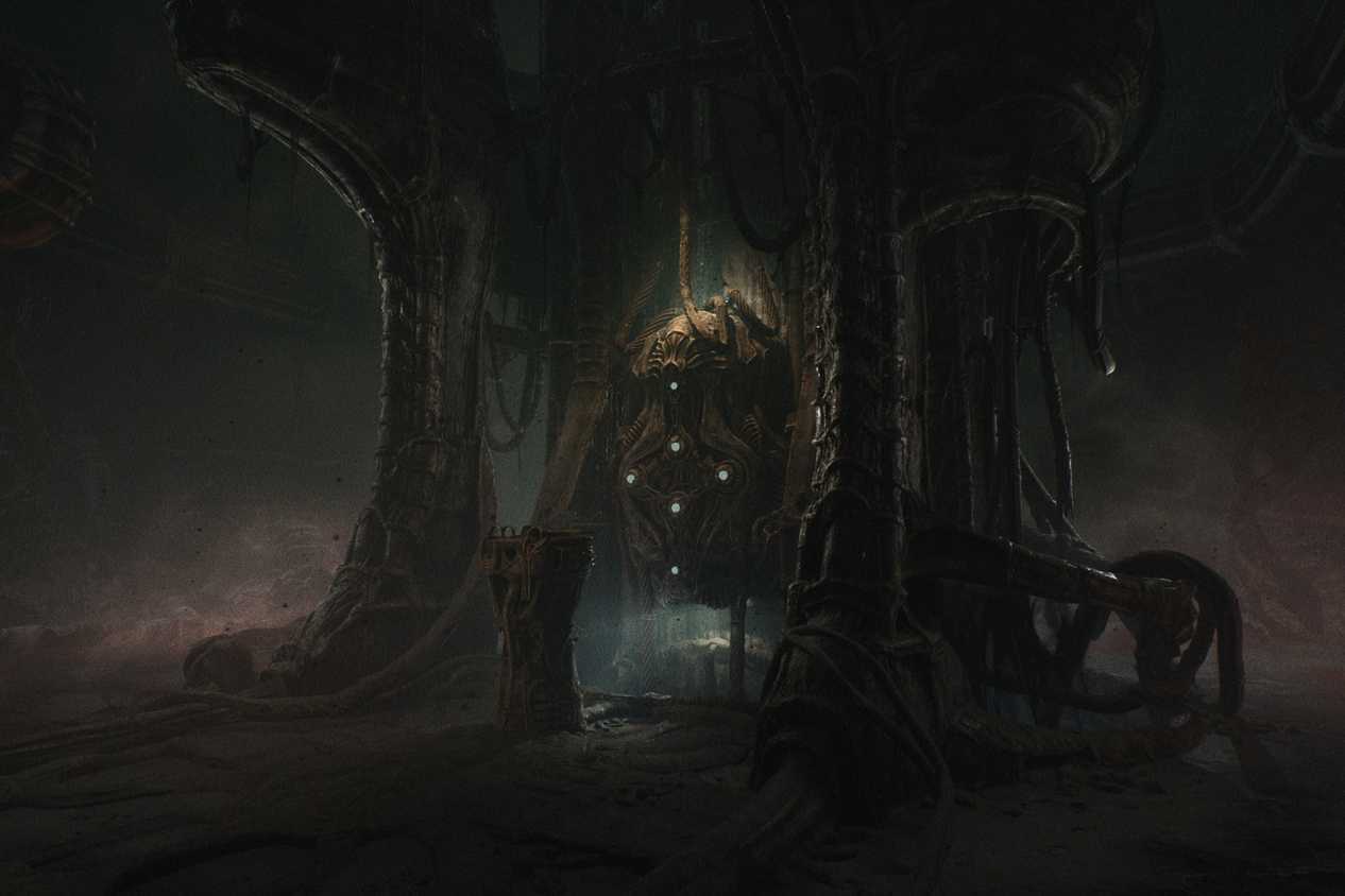 A screenshot from the game Scorn, showing a dark, biomechanical environment with a glowing pod in the center of it.
