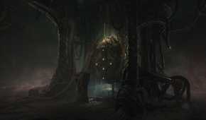 A screenshot from the game Scorn, showing a dark, biomechanical environment with a glowing pod in the center of it.
