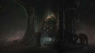A screenshot from the game Scorn, showing a dark, biomechanical environment with a glowing pod in the center of it.