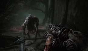 A screenshot from the game Scorn, showcasing the game's gameplay elements, with a gun and a hostile combatant running at the camera on its legs.