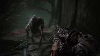 A screenshot from the game Scorn, showcasing the game's gameplay elements, with a gun and a hostile combatant running at the camera on its legs.