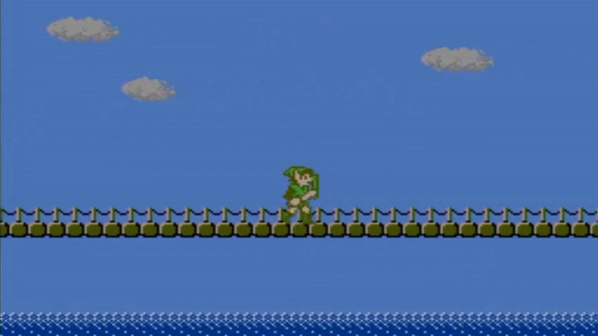 Screenshot of Link crossing a bridge from Zelda 2: The Adventures of Link