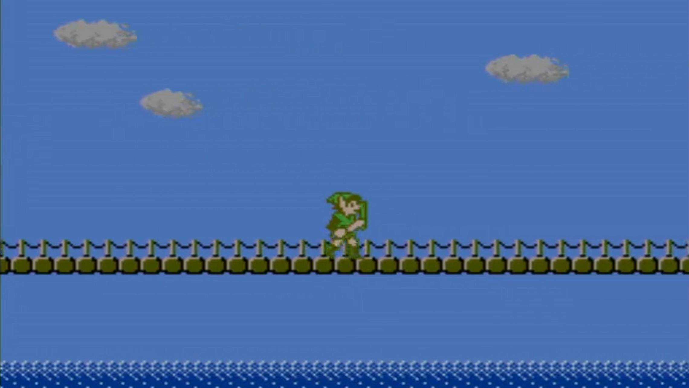 Screenshot of Link crossing a bridge from Zelda 2: The Adventures of Link