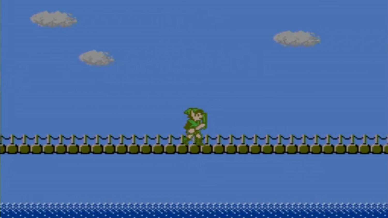 Screenshot of Link crossing a bridge from Zelda 2: The Adventures of Link