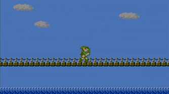 Screenshot of Link crossing a bridge from Zelda 2: The Adventures of Link