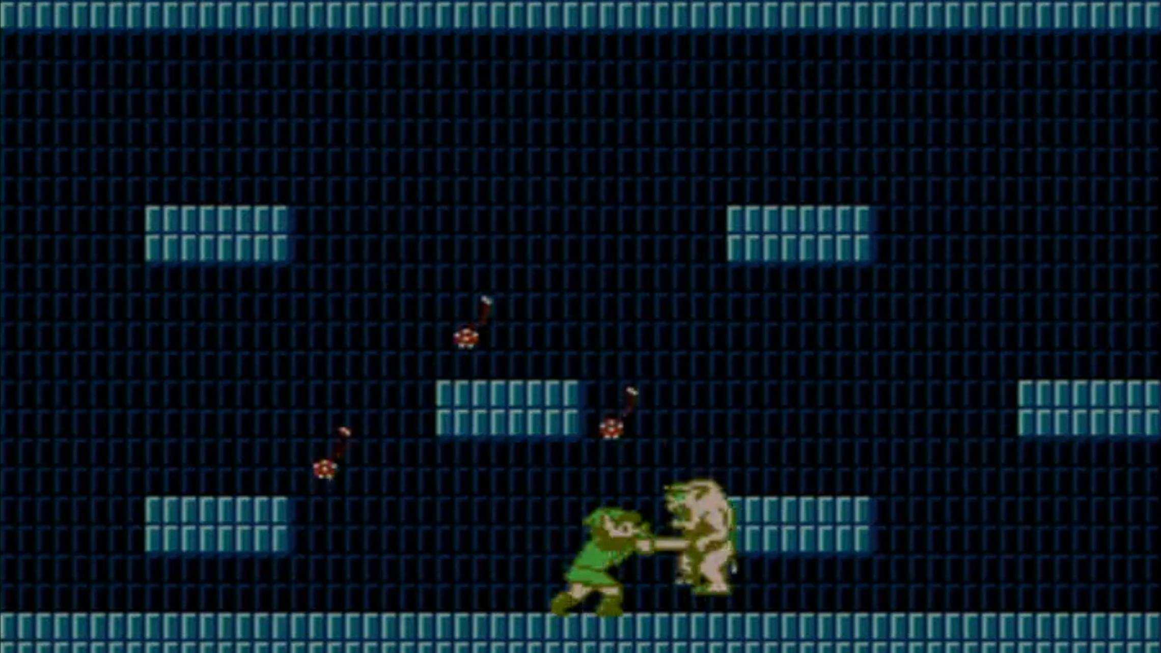 Screenshot of Link fighting a monster from Zelda 2: The Adventures of Link