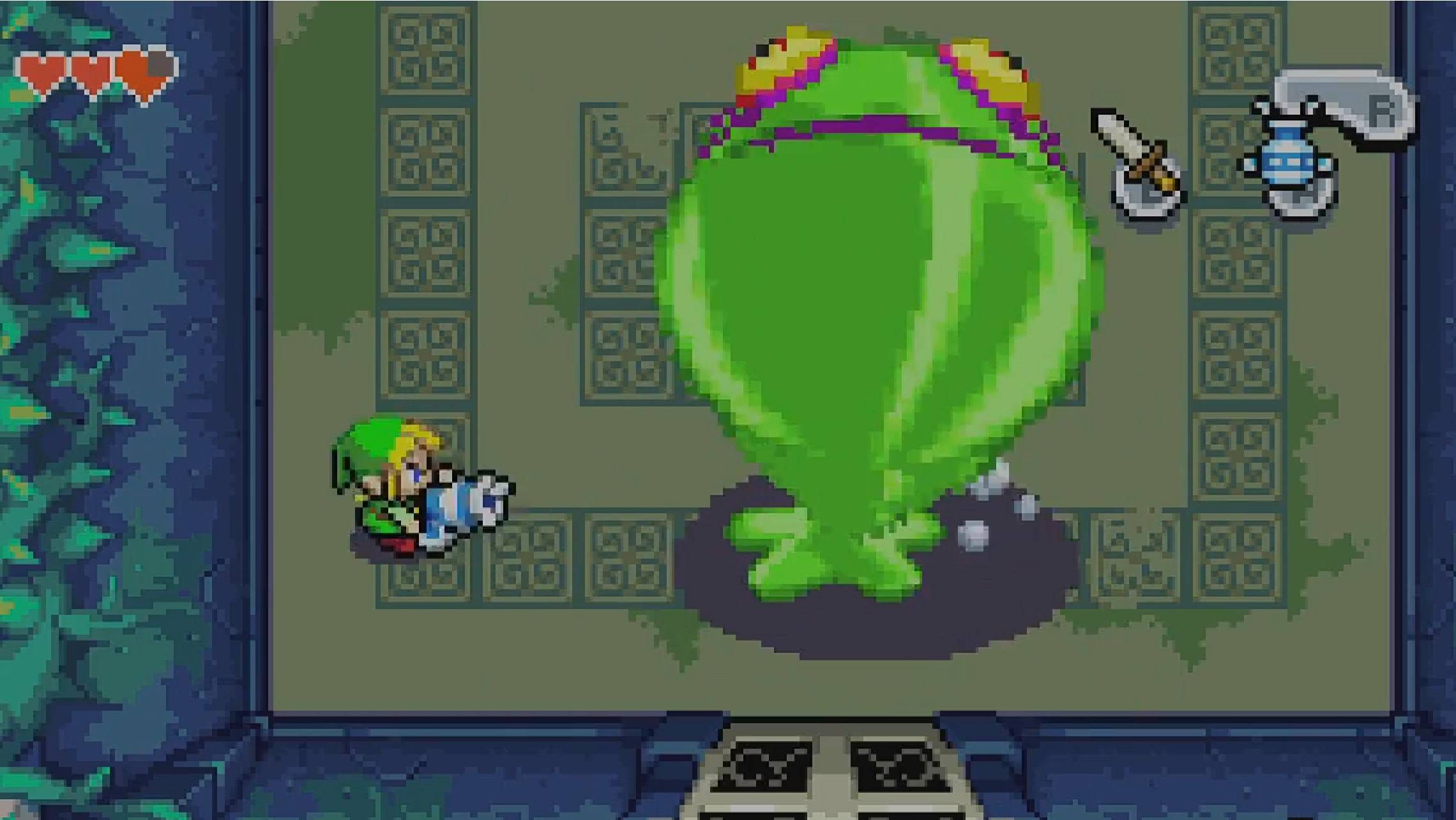 Little Link fighting a big slime in The Minish Cap