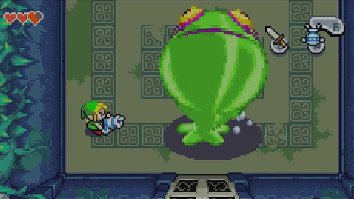 Little Link fighting a big slime in The Minish Cap