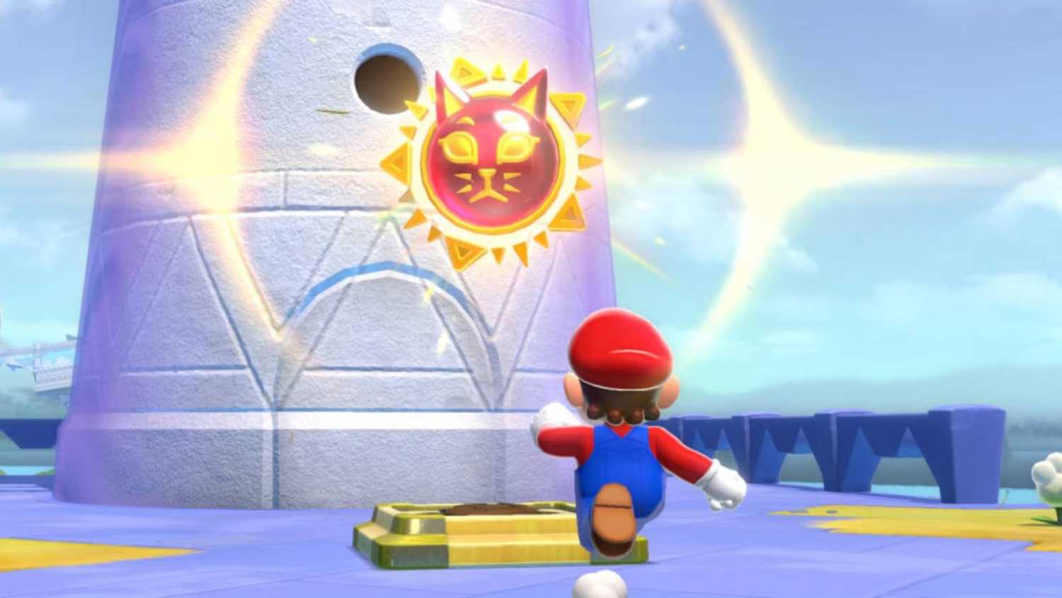 Screenshot of Mario and a Cat Shine from Super Mario Bros. 3D World Bowser's Fury