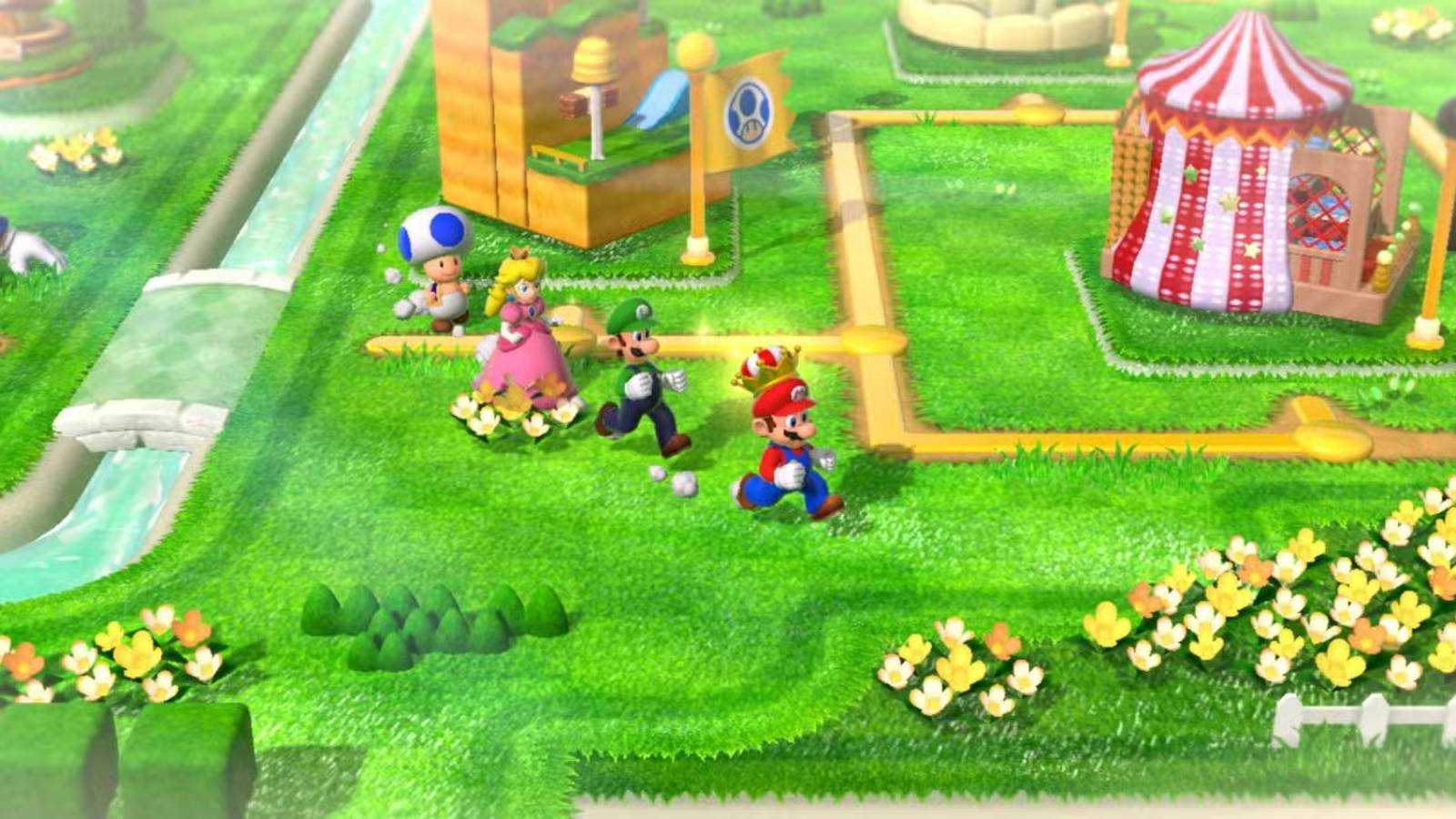 Screenshot of Mario and the crew from Super Mario Bros. 3D World