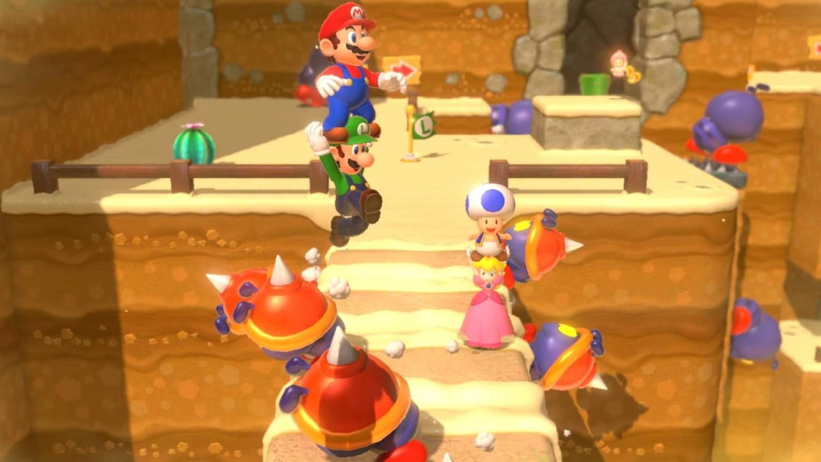 Screenshot of Mario, Luigi, Toad, and Princess Peach from Super Mario Bros. 3D World 