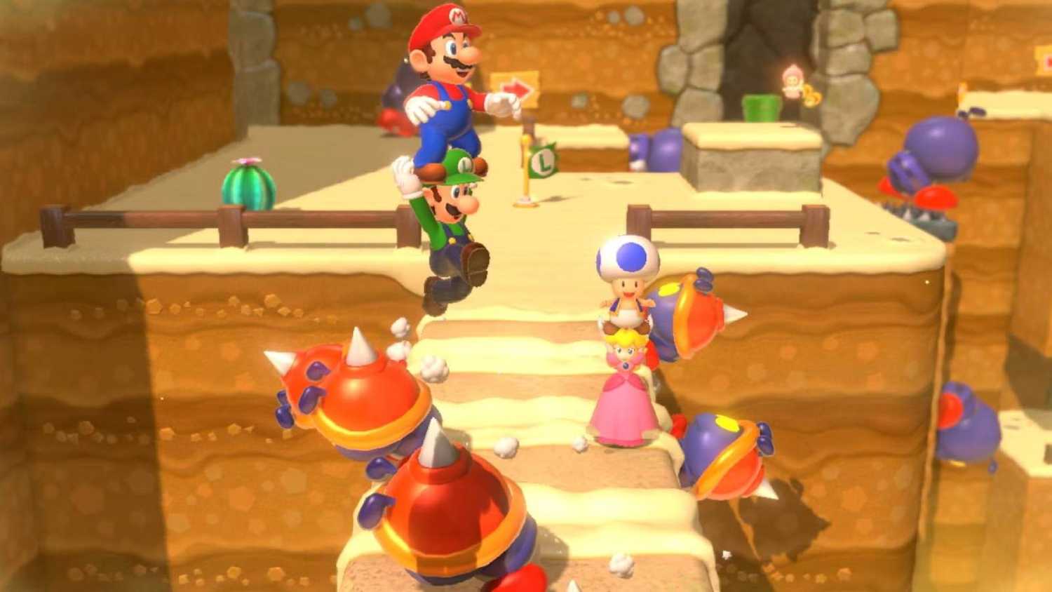 Screenshot of Mario, Luigi, Toad, and Princess Peach from Super Mario Bros. 3D World