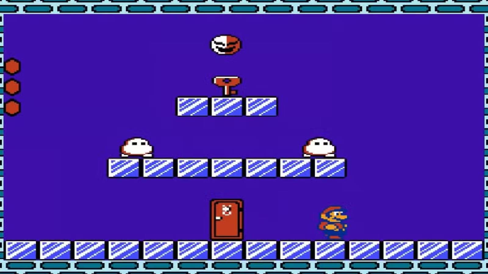 Screen shot from Super Mario Bros. 2 of Mario stealing a key