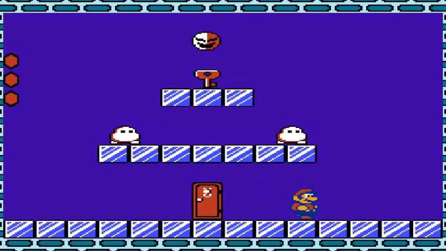 Screen shot from Super Mario Bros. 2 of Mario stealing a key