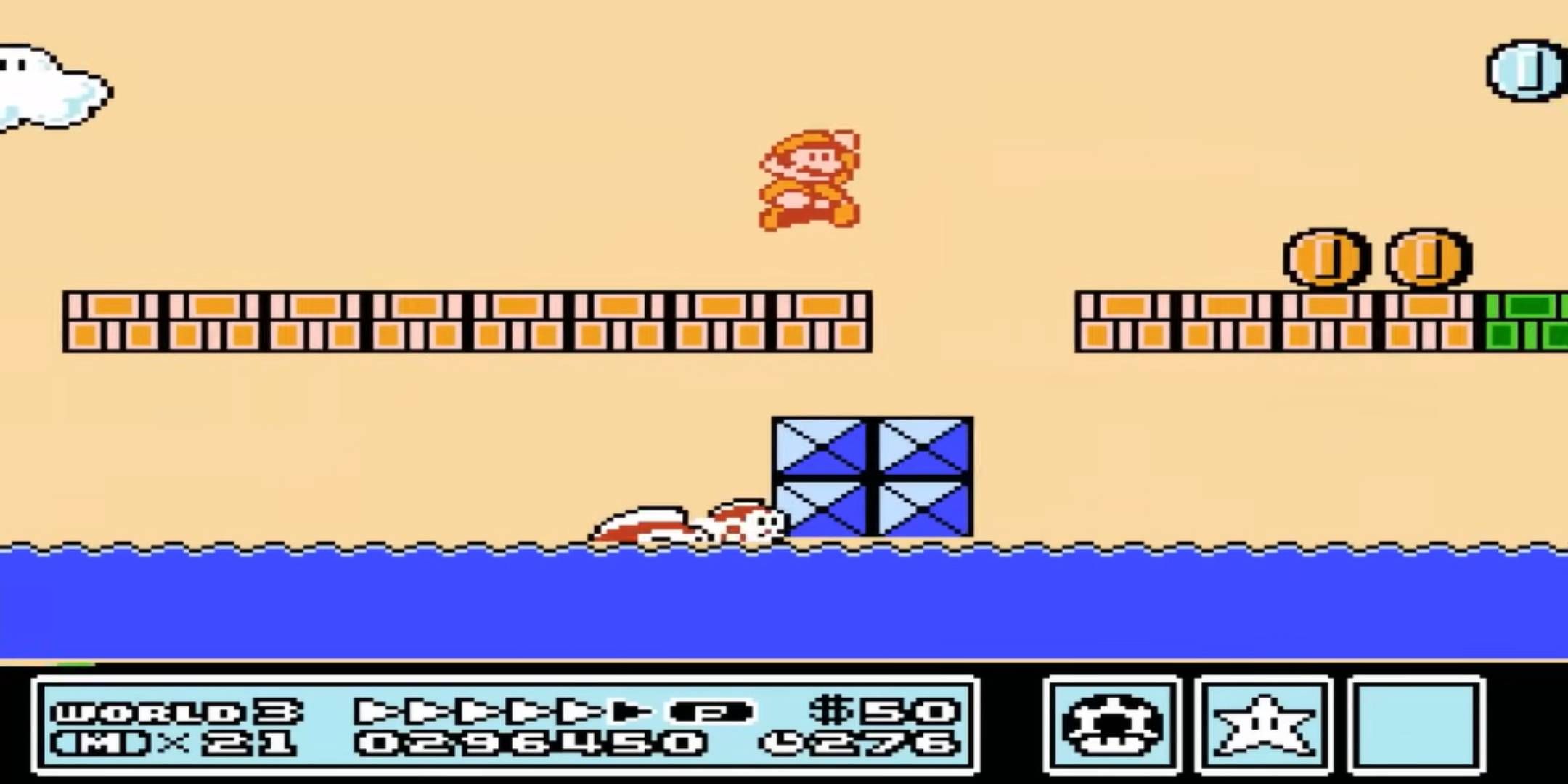 Screenshot of Mario over water from Super Mario Bros. 3
