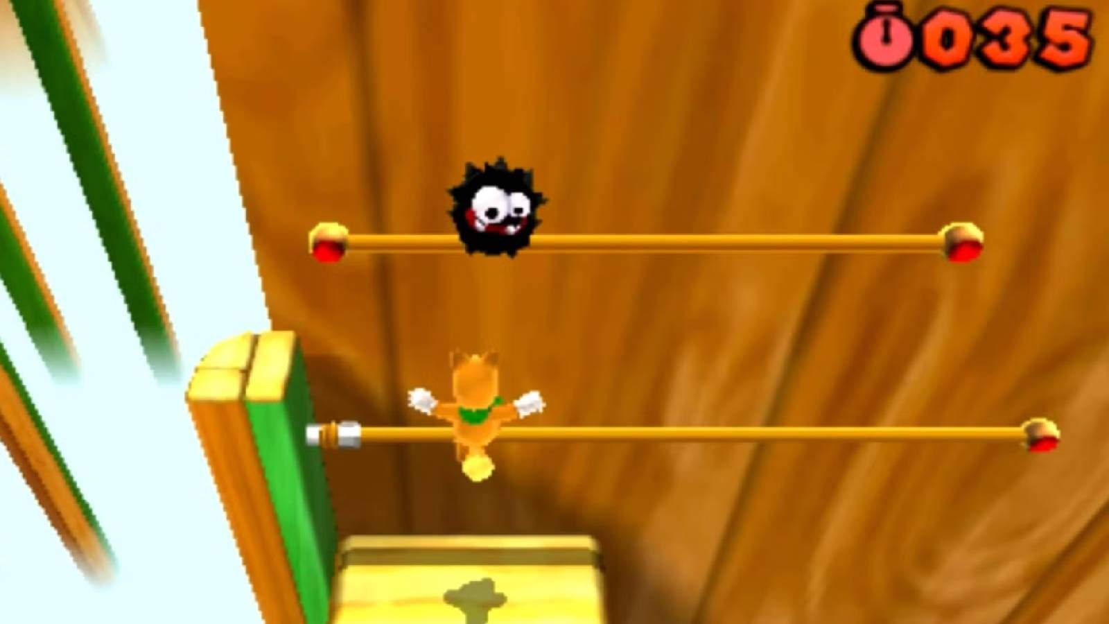 Screenshot of Tanooki Mario and a Fuzzy from Super Mario Bros. 3D Land