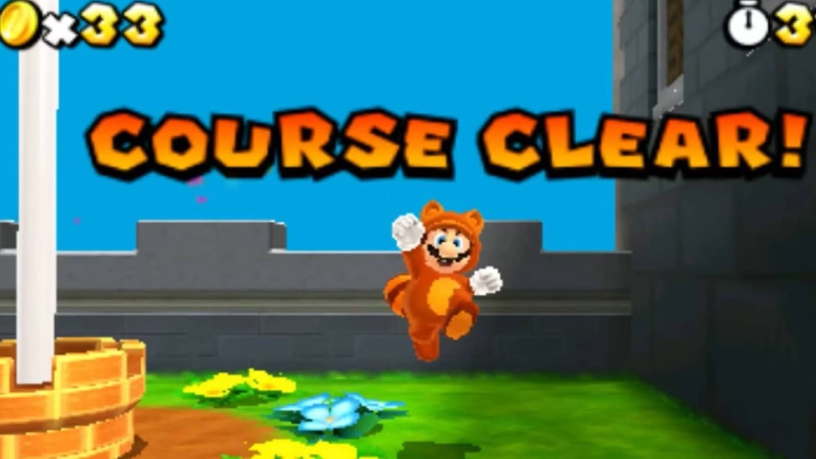 Screenshot of Tanooki Mario clearing a stage from Super Mario Bros. 3D Land