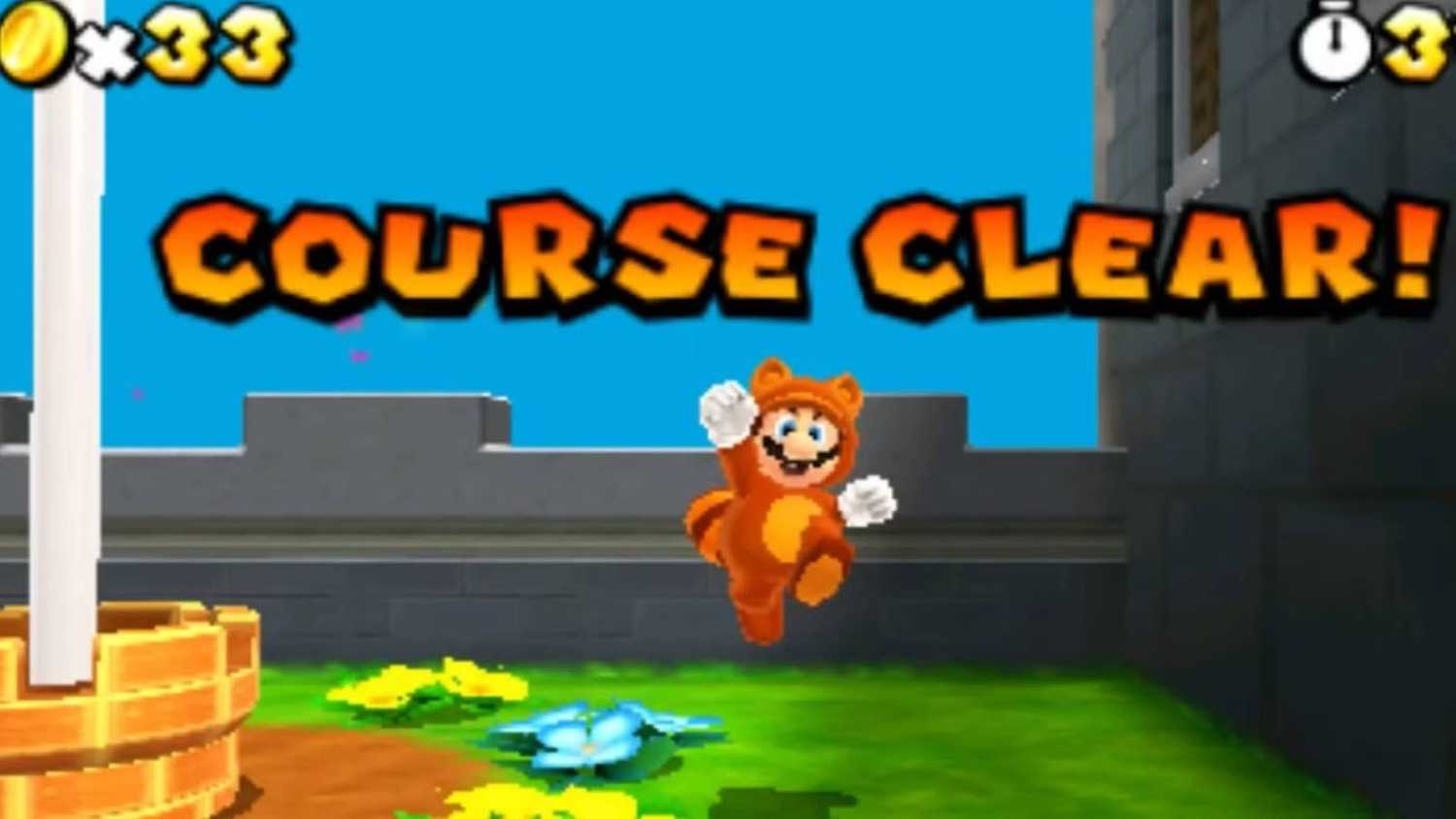 Screenshot of Tanooki Mario clearing a stage from Super Mario Bros. 3D Land