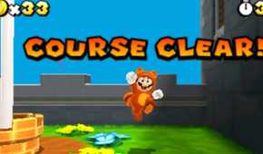 Screenshot of Tanooki Mario clearing a stage from Super Mario Bros. 3D Land