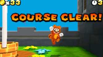 Screenshot of Tanooki Mario clearing a stage from Super Mario Bros. 3D Land