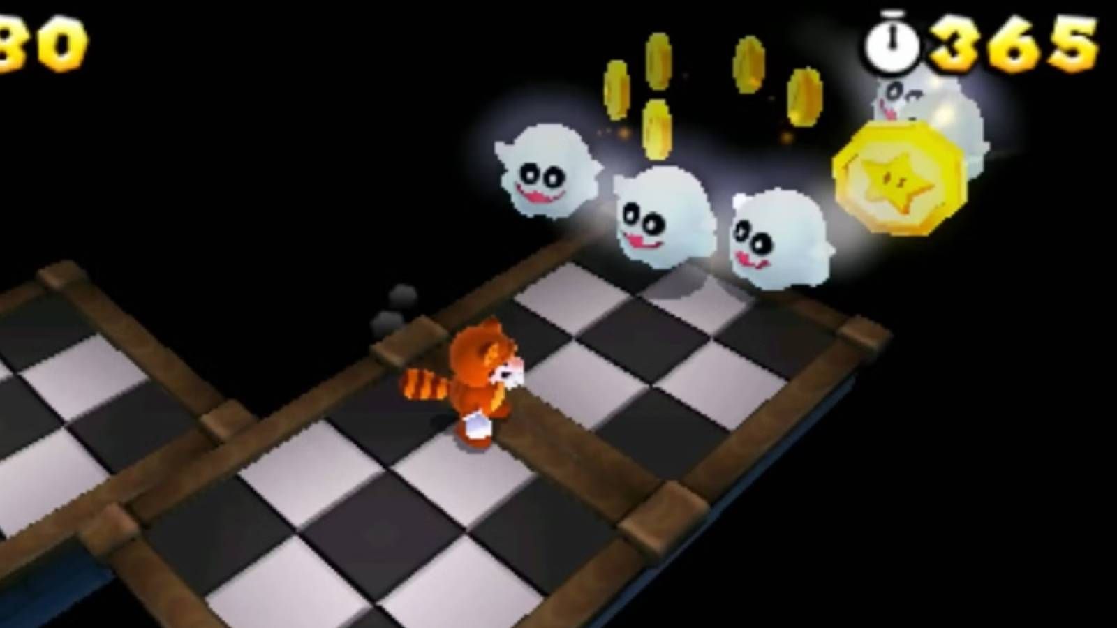Screenshot of Tanooki Mario and some ghosts from Super Mario Bros. 3D Land