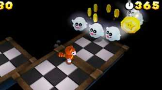 Screenshot of Tanooki Mario and some ghosts from Super Mario Bros. 3D Land