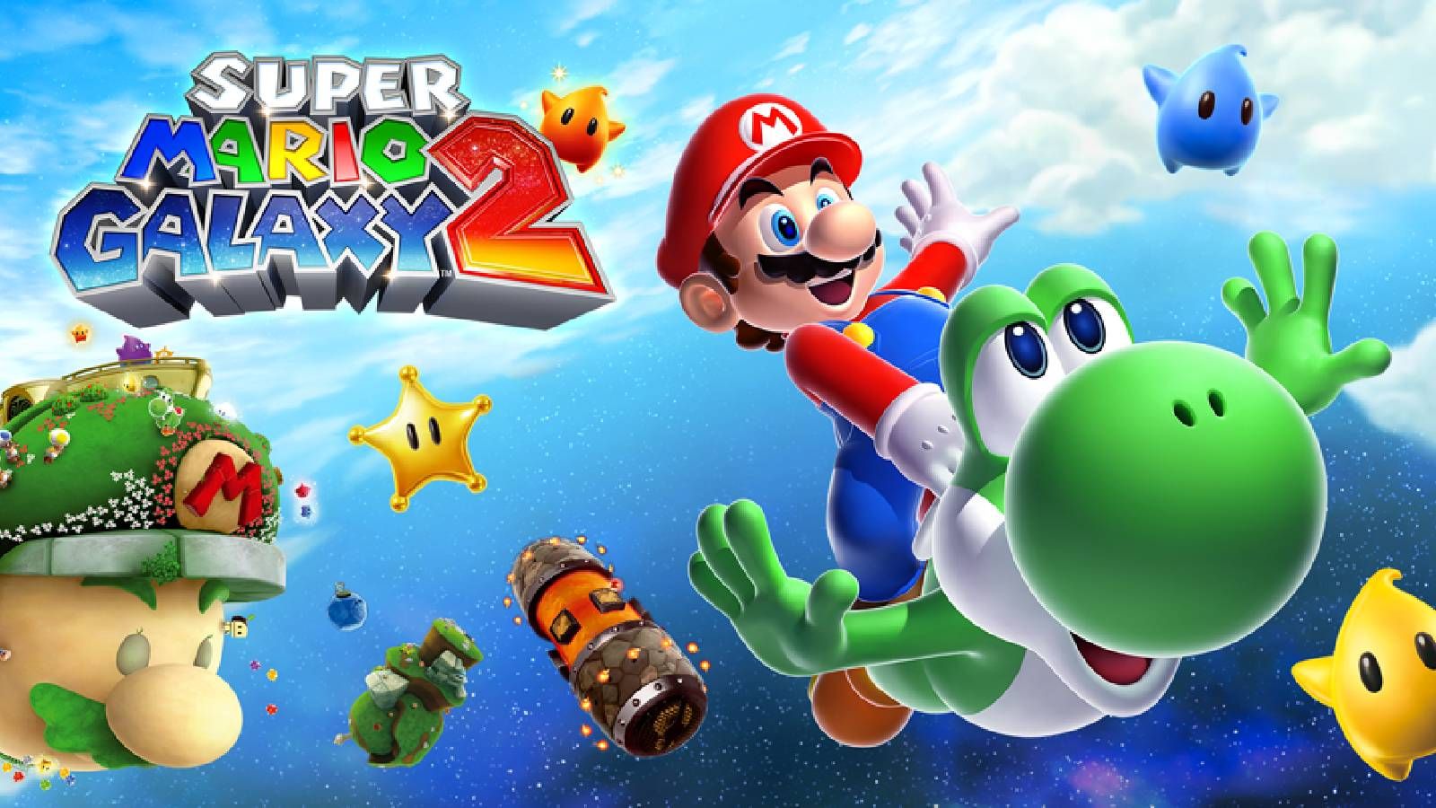 Artwork for Super Mario Galaxy 2 with Mario riding Yoshi in space