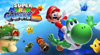 Artwork for Super Mario Galaxy 2 with Mario riding Yoshi in space