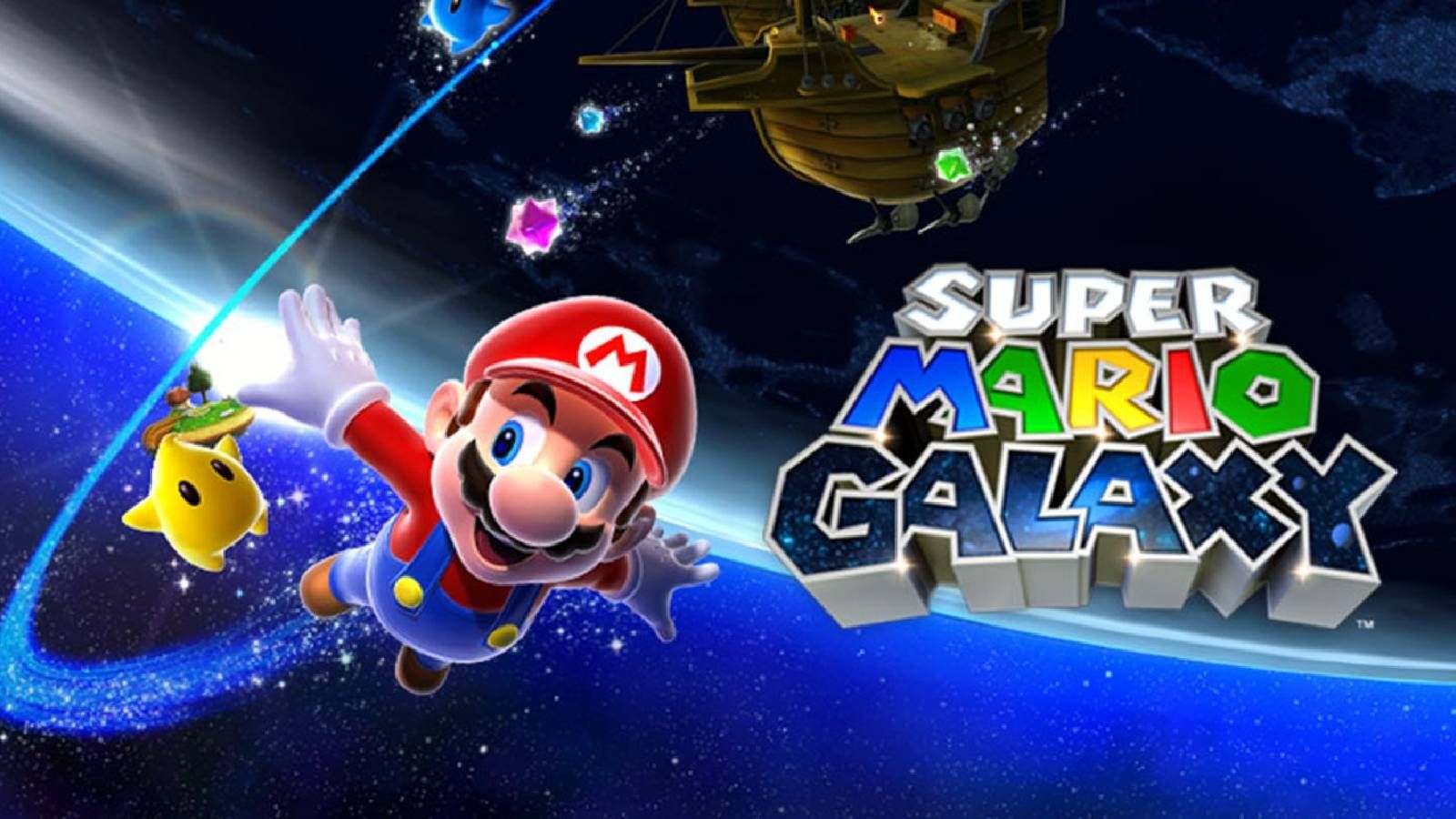 Artwork of Super Mario Galaxy of Mario and a little Luma flying through space