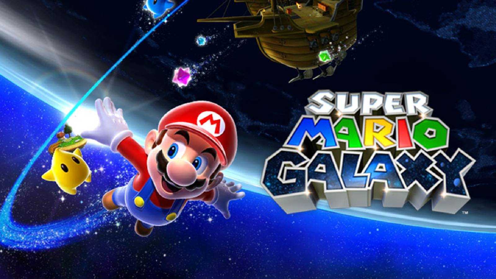 Artwork of Super Mario Galaxy of Mario and a little Luma flying through space