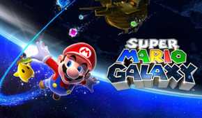 Artwork of Super Mario Galaxy of Mario and a little Luma flying through space