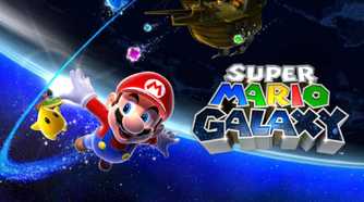 Artwork of Super Mario Galaxy of Mario and a little Luma flying through space