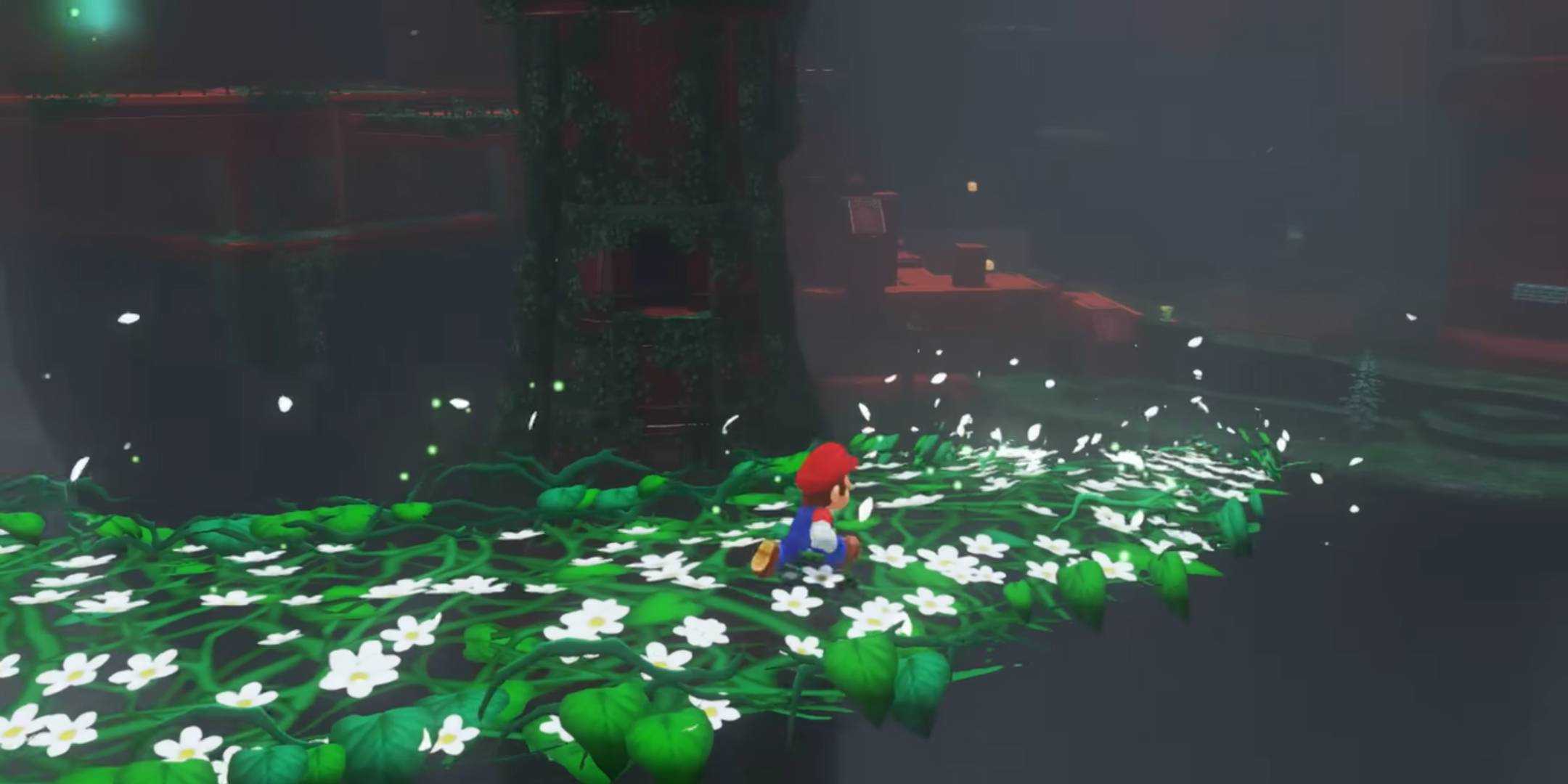 Screenshot of Mario running down a plant trail from Super Mario Odyssey