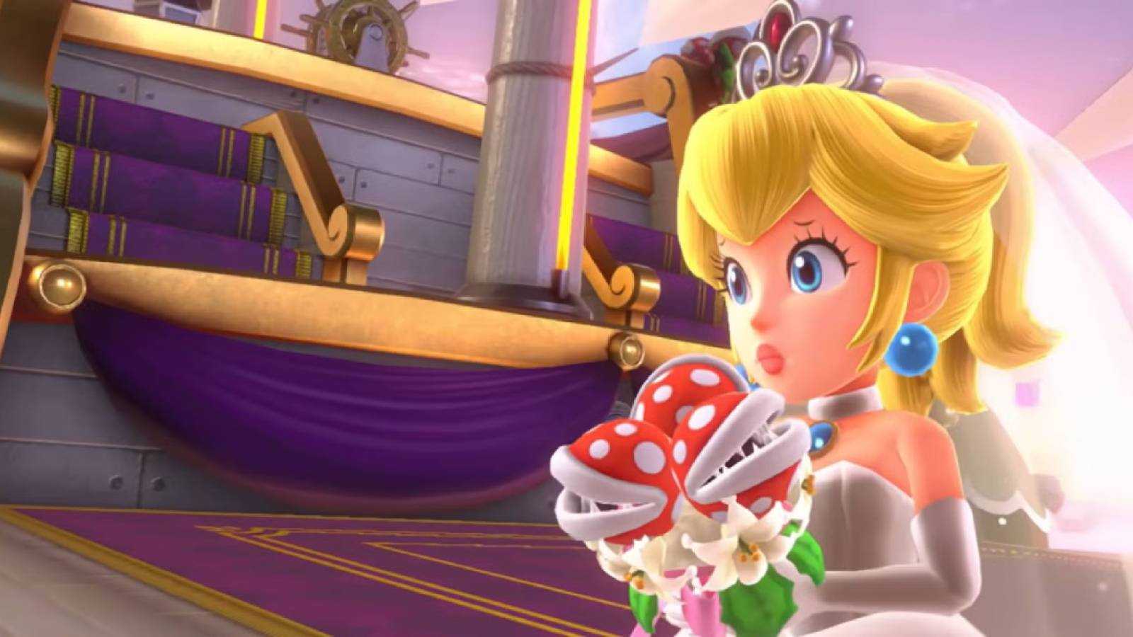 Screenshot of Princess Peach in her wedding dress from Super Mario Odyssey
