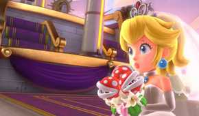 Screenshot of Princess Peach in her wedding dress from Super Mario Odyssey