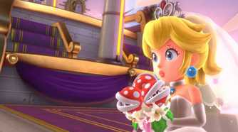 Screenshot of Princess Peach in her wedding dress from Super Mario Odyssey