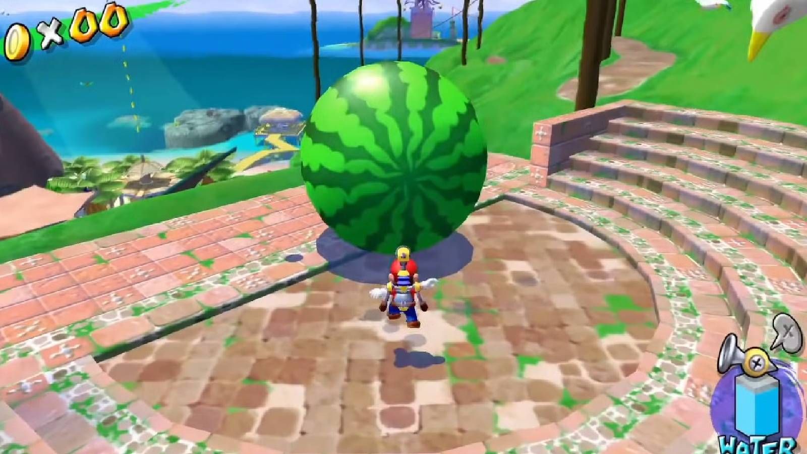 Screenshot of Mario and some a giant watermelon from Super Mario Sunshine