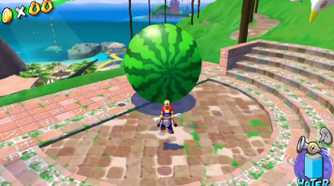 Screenshot of Mario and some a giant watermelon from Super Mario Sunshine