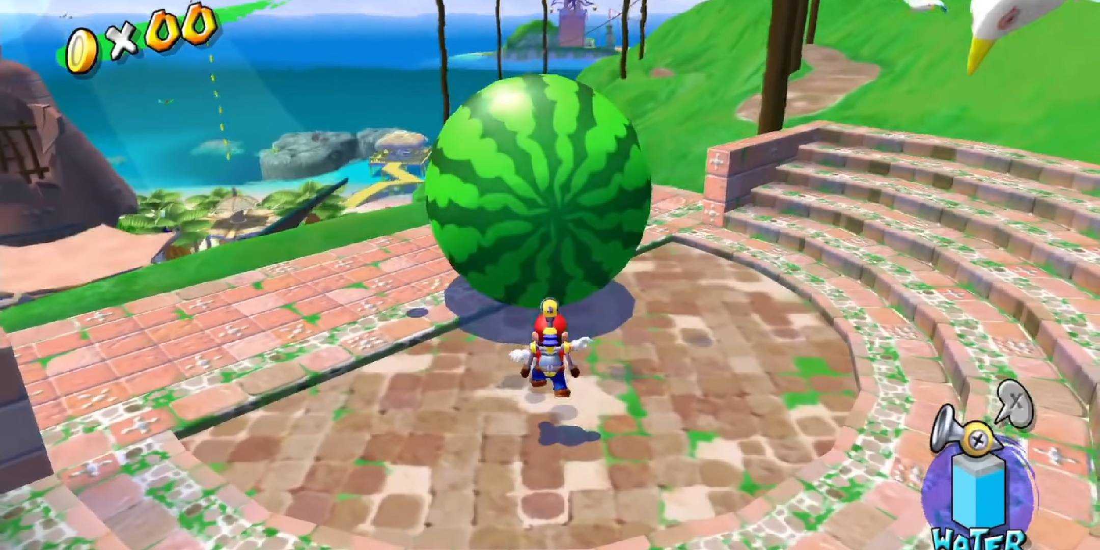 Screenshot of Mario and some a giant watermelon from Super Mario Sunshine